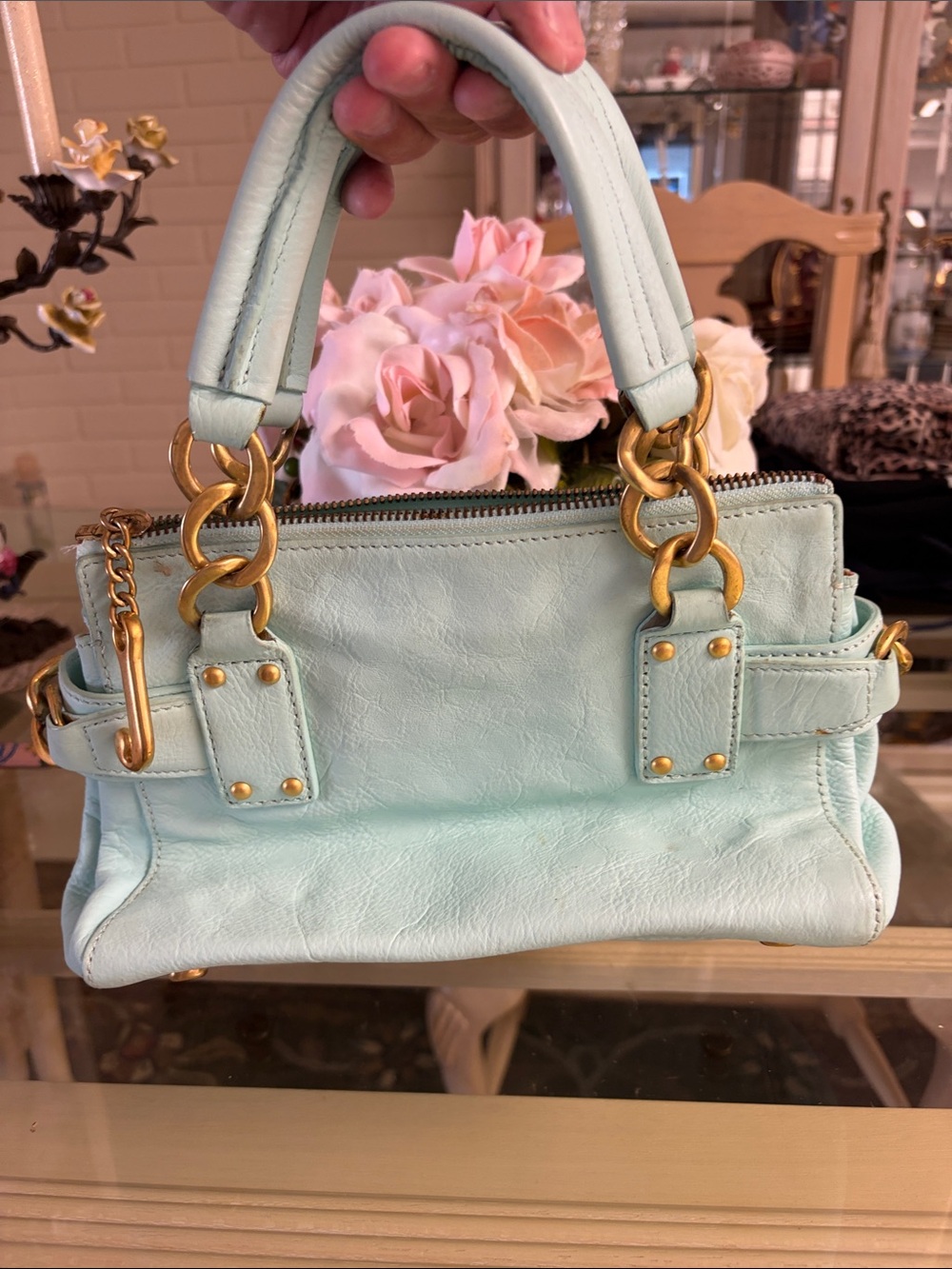 Juicy Couture Mint Green Leather Top-Handle Satchel with Gold Hardware